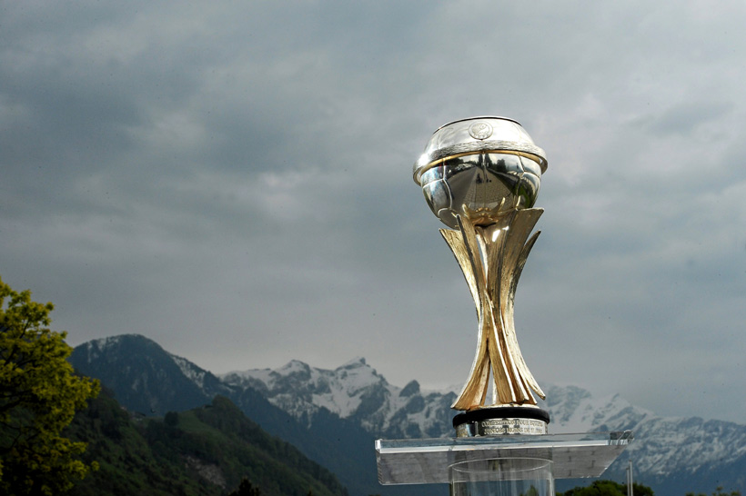 The UEFA European U17 Championship trophy sits proudly in front of the Alps (image courtesy of Sportsfile).